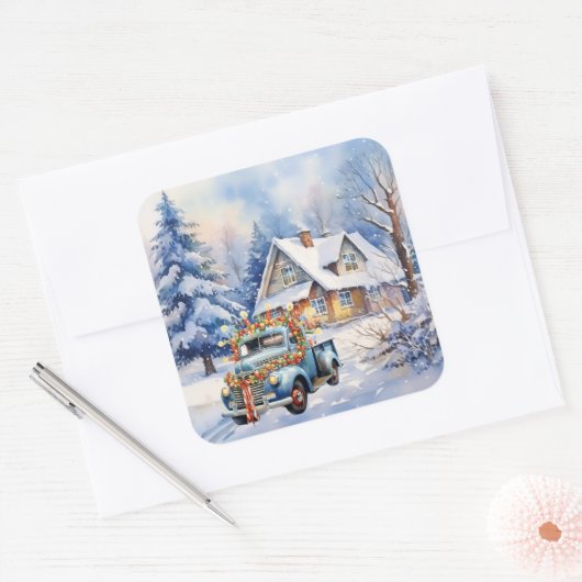 美しいヴィンテージブルートラックウィンターファームハウス スクエアシール (封筒)