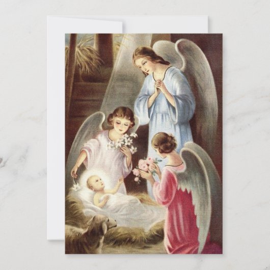 美しいヴィンテージベビーイエスと天使のクリスマス シーズンカード (正面)