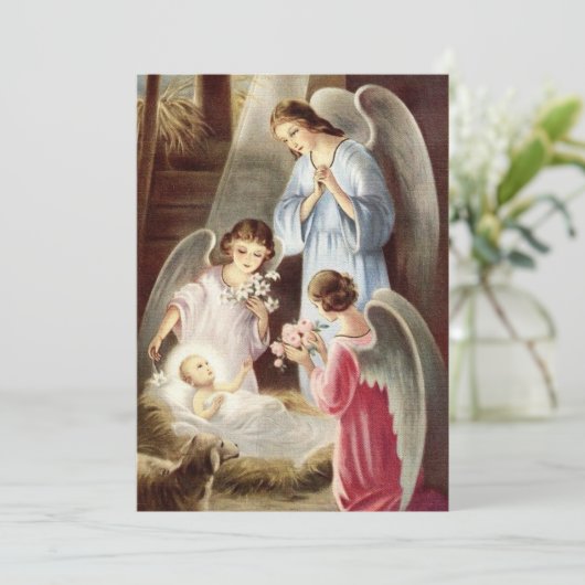 美しいヴィンテージベビーイエスと天使のクリスマス シーズンカード (スタンド正面)
