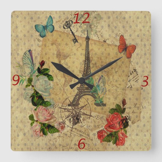 美しいヴィンテージポストカードコラージュエッフェルタワー スクエア壁時計 (正面)
