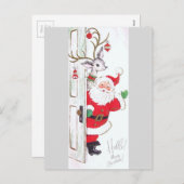 美しいヴィンテージミッドセンチュリーサンタ&トナカイ シーズンポストカード (正面/裏面)