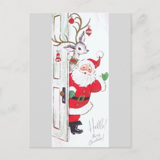 美しいヴィンテージミッドセンチュリーサンタ&トナカイ シーズンポストカード (正面)