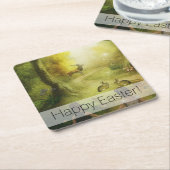 美しいヴィンテージラビットウッドランドシーンイースター スクエアペーパーコースター (アングル)