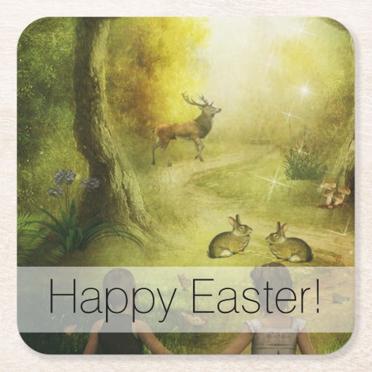 美しいヴィンテージラビットウッドランドシーンイースター スクエアペーパーコースター (正面)