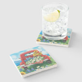 美しいヴィンテージレッドトラックファインアート ストーンコースター (横)