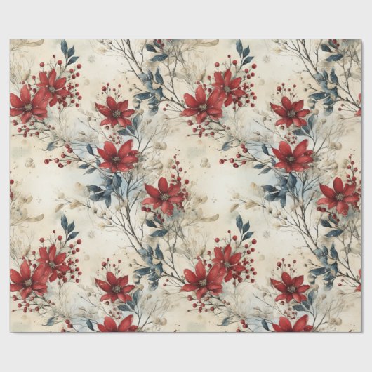 美しいヴィンテージレッドポインセチアのクリスマス ラッピングペーパー (フラット)