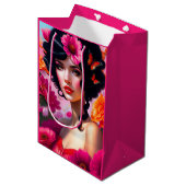 美しいヴィンテージレディーインレッドデコパージュ ミディアムペーパーバッグ (正面アングル)