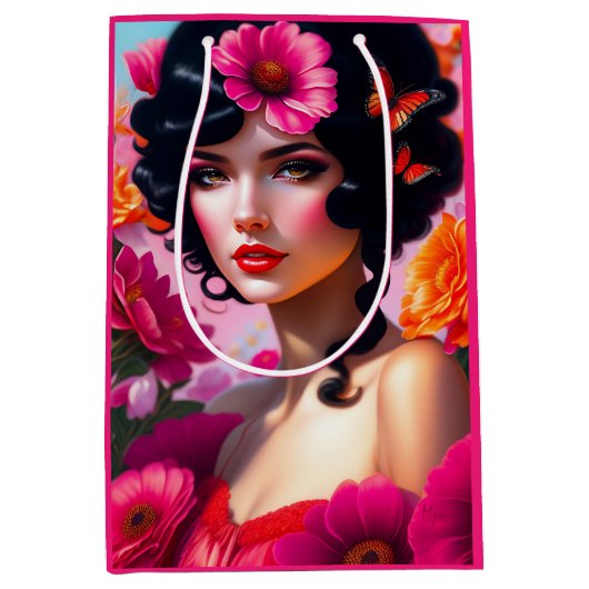 美しいヴィンテージレディーインレッドデコパージュ ミディアムペーパーバッグ (正面)