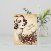 美しいヴィンテージレディーメリークリスマスグリーンレトロ 箔シーズンポストカード (立ち正面)