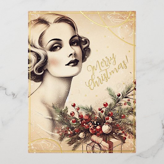 美しいヴィンテージレディーメリークリスマスグリーンレトロ 箔シーズンポストカード (正面)