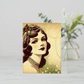 美しいヴィンテージレディーメリークリスマスグリーンレトロ 箔シーズンポストカード (立ち正面)