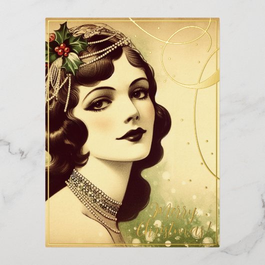 美しいヴィンテージレディーメリークリスマスグリーンレトロ 箔シーズンポストカード (正面)