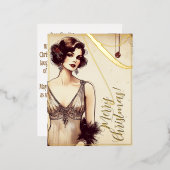 美しいヴィンテージレディーメリークリスマスグリーンレトロ 箔シーズンポストカード (正面/裏面)