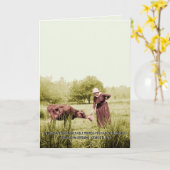 美しいヴィンテージ写真1910年の女性食べ物を与えの牛 カード (黄色い花)