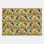 美しいヴィンテージ女性、花と蝶 ラッピングペーパーシート (正面2)