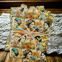 美しいヴィンテージ女性、花と蝶 ラッピングペーパーシート