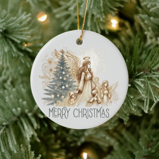 美しいヴィンテージ守護天使と子ども セラミックオーナメント (ツリー)