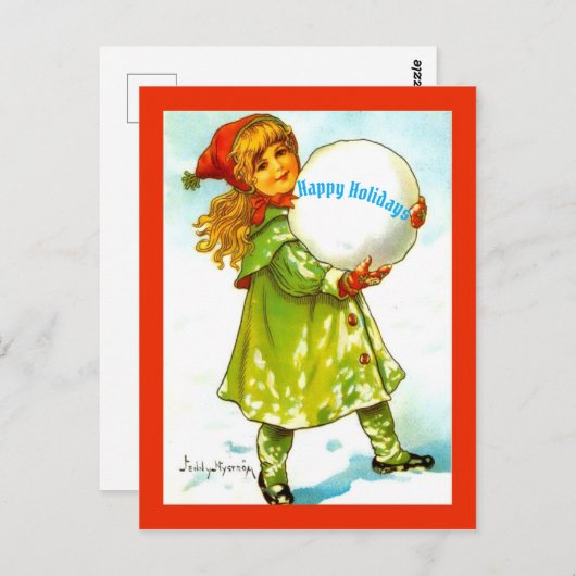 美しいヴィンテージ小さな女の子ハッピーホリデーズスノー ポストカード (正面/裏面)