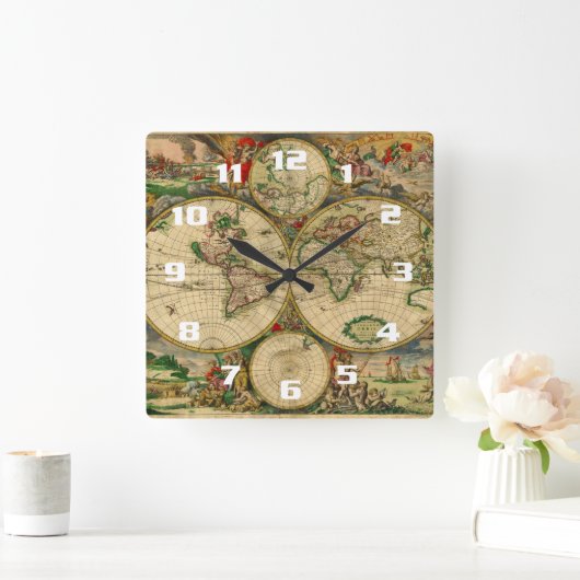 美しいヴィンテージ旧世界地図 スクエア壁時計 (ホーム)