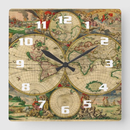 美しいヴィンテージ旧世界地図 スクエア壁時計 (正面)