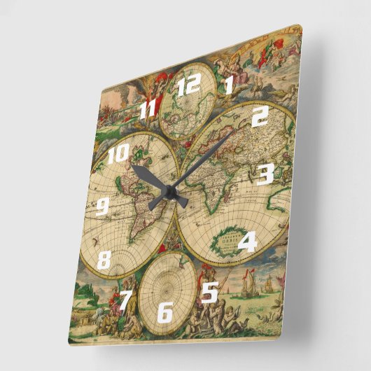 美しいヴィンテージ旧世界地図 スクエア壁時計 (傾斜)