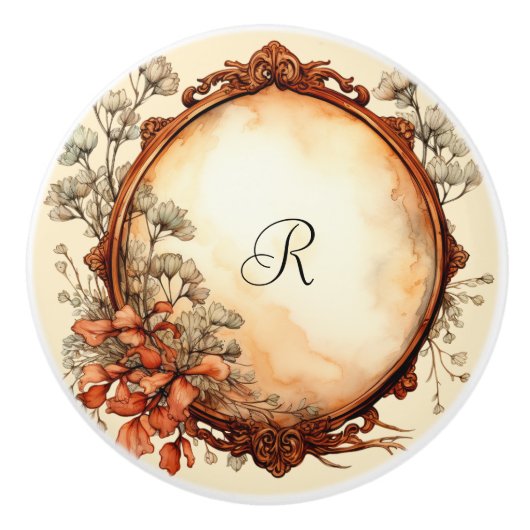 美しいヴィンテージ木枠と花 セラミックノブ (正面)