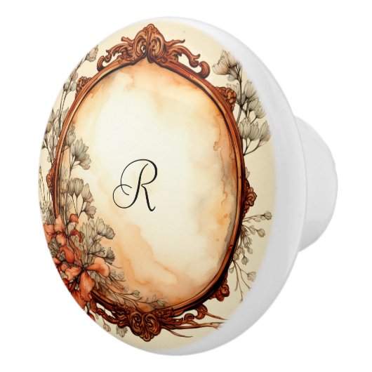 美しいヴィンテージ木枠と花 セラミックノブ (右)