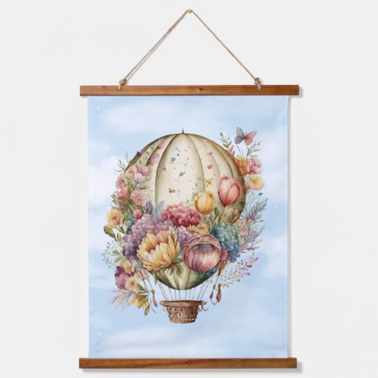 美しいヴィンテージ温風船と花 吊り下げ型タペストリー (正面2)
