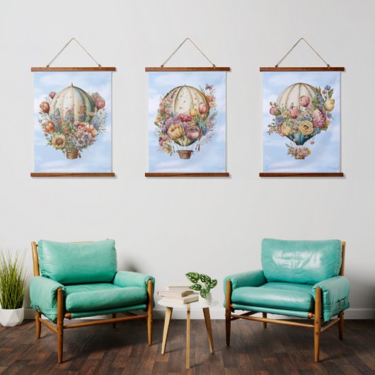 美しいヴィンテージ温風船と花 吊り下げ型タペストリー (リビング)