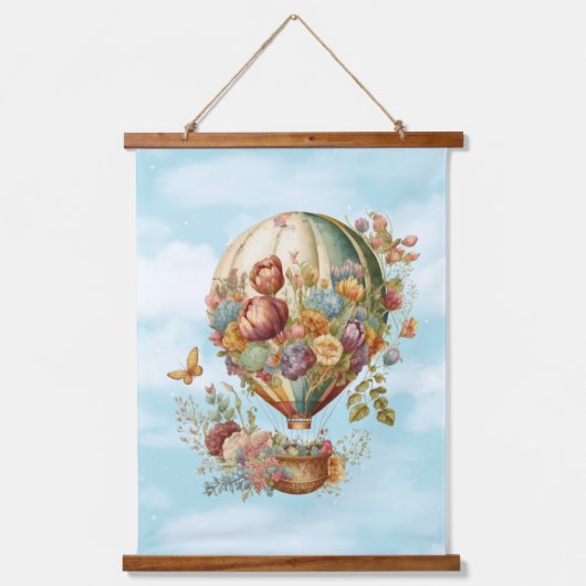 美しいヴィンテージ温風船と花 吊り下げ型タペストリー (正面3)