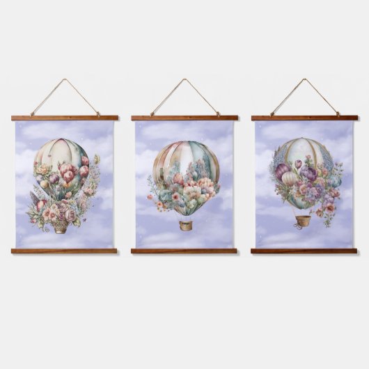 美しいヴィンテージ温風船と花 吊り下げ型タペストリー (トリプル)
