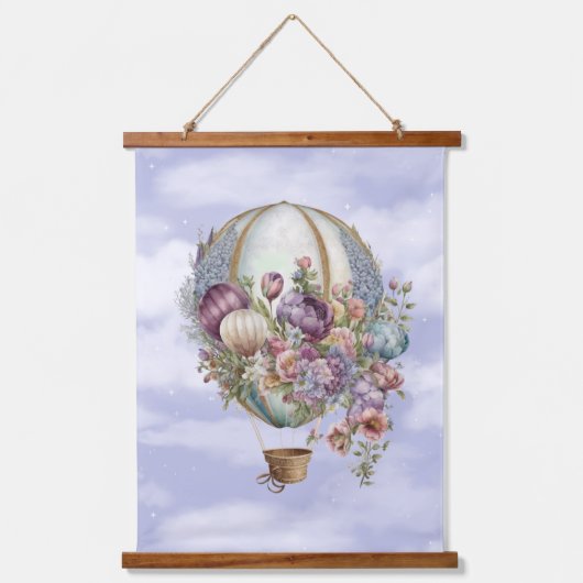 美しいヴィンテージ温風船と花 吊り下げ型タペストリー (正面3)