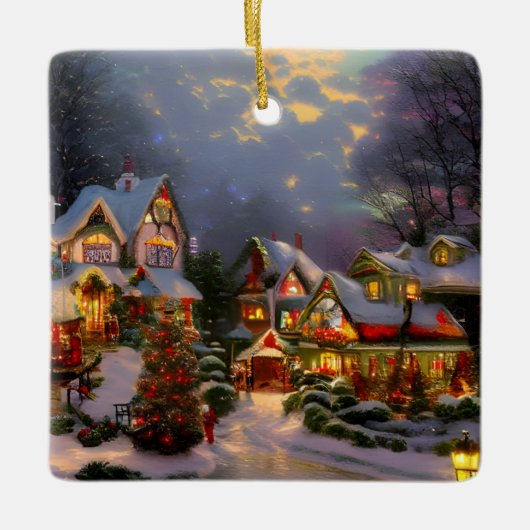 美しいヴィンテージ祝タウンのクリスマス セラミックオーナメント (正面)