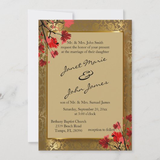 美しいヴィンテージ金ゴールドダマスクとアールデコ結婚ズ 招待状 (正面)