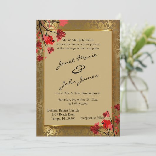 美しいヴィンテージ金ゴールドダマスクとアールデコ結婚ズ 招待状 (スタンド正面)