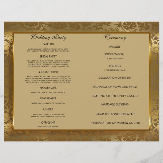 美しいヴィンテージ金ゴールドダマスク結婚式プログラム (裏面)