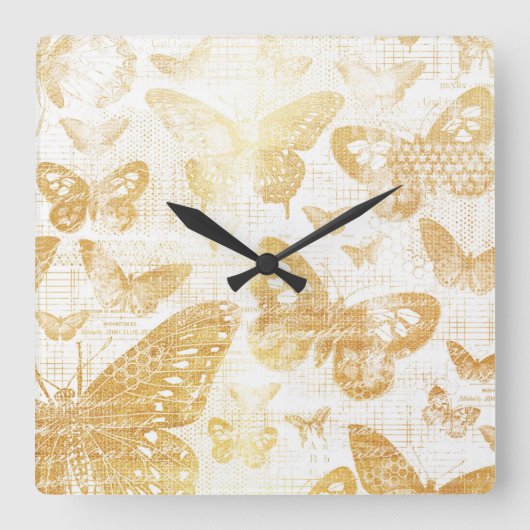 美しいヴィンテージ金ゴールド、蝶パターン、ゴルド スクエア壁時計 (正面)