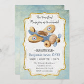 美しいヴィンテージ飛行機の男の子の玩具 誕生日 招待状 (正面/裏面)