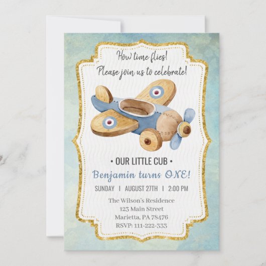 美しいヴィンテージ飛行機ボーイトイ誕生日 招待状 (正面)