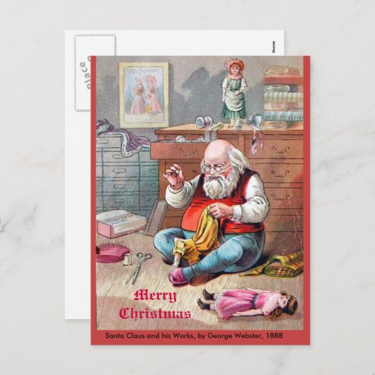 美しいヴィンテージ1888サンタクロース裁縫人形 シーズンポストカード (正面/裏面)
