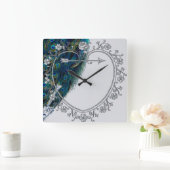 美しいヴィンテージ·ピーコックパーソナライズされたアート スクエア壁時計 (ホーム)