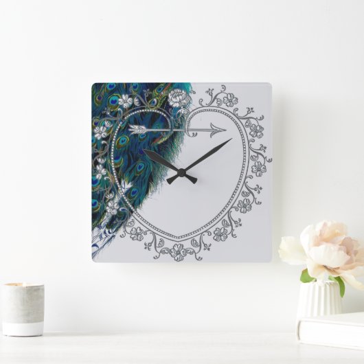 美しいヴィンテージ·ピーコックパーソナライズされたアート スクエア壁時計 (ホーム)
