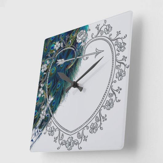 美しいヴィンテージ·ピーコックパーソナライズされたアート スクエア壁時計 (傾斜)