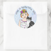 美しい一日を！フォークアートガールアンドキャット ラウンドシール (バッグ)