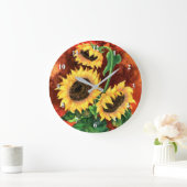 美しい三つのひまわりの花 – ミグ絵画ンドアート –  ラージ壁時計 (ホーム)
