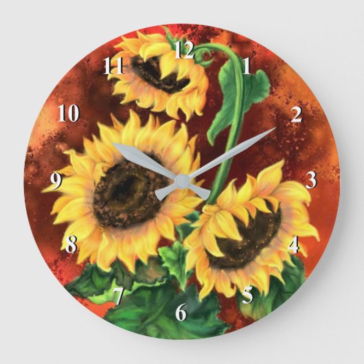 美しい三つのひまわりの花 – ミグ絵画ンドアート –  ラージ壁時計 (正面)