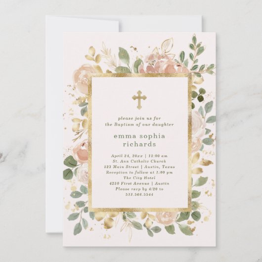 美しい中立花模様|写真バックバプテスマ 招待状 (正面)