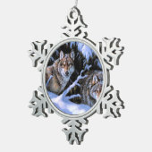 美しい二匹のオオカミの絵 スノーフレークピューターオーナメント (右)