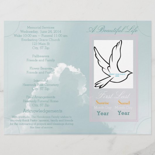 美しい人生の葬儀プログラム独身のの折り (正面)