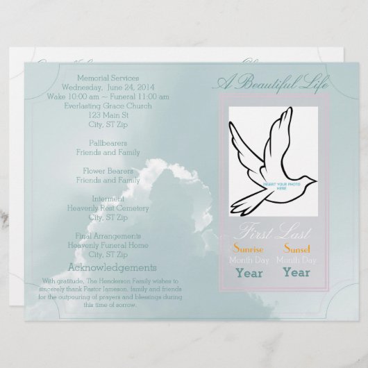 美しい人生の葬儀プログラム独身のの折り (正面/裏面)